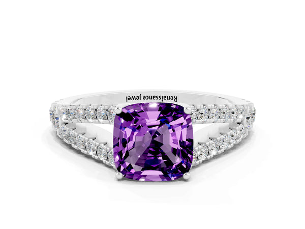 White gold Cushion Cut Amethyst Split Shank Pavé Engagement Ring with Four-Prong Setting