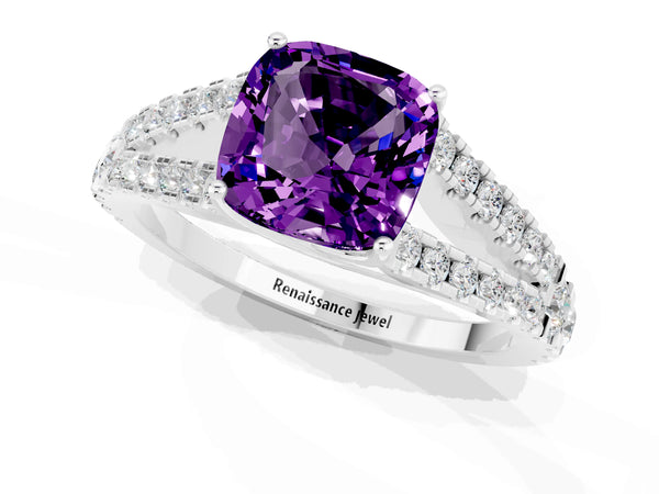 Platinum Cushion Cut Amethyst Split Shank Pavé Engagement Ring with Four-Prong Setting