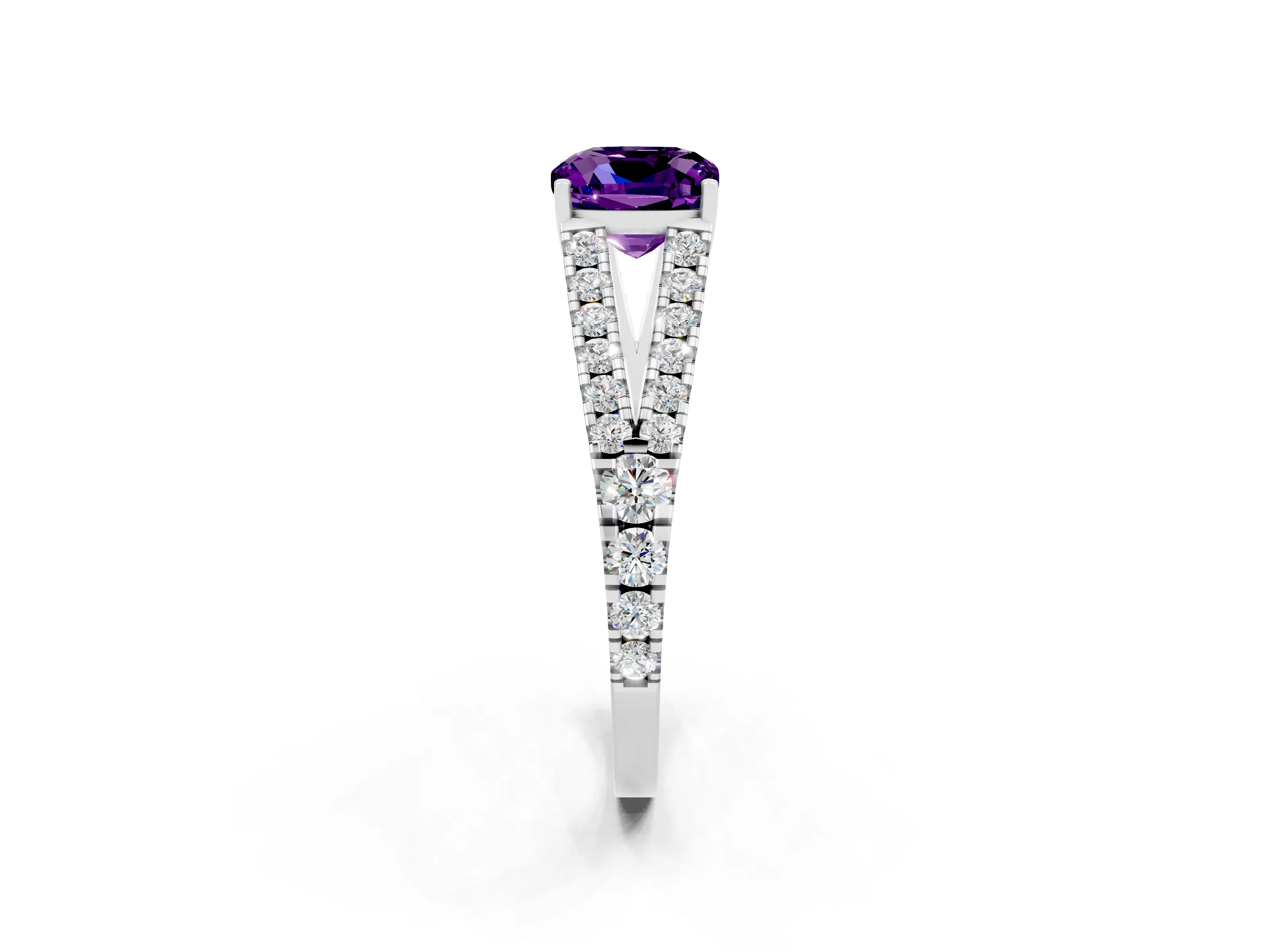 White gold Cushion Cut Amethyst Split Shank Pavé Engagement Ring with Four-Prong Setting_14