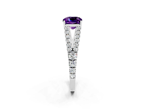 Platinum Cushion Cut Amethyst Split Shank Pavé Engagement Ring with Four-Prong Setting