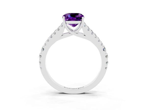 Platinum Cushion Cut Amethyst Split Shank Pavé Engagement Ring with Four-Prong Setting
