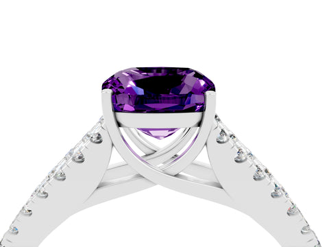 White gold Cushion Cut Amethyst Split Shank Pavé Engagement Ring with Four-Prong Setting_16
