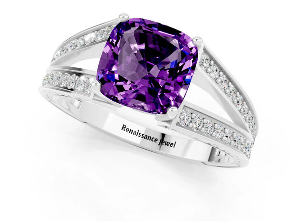 Platinum Cushion Cut Amethyst Split Shank Ring with Pavé Band and Four-Prong Setting