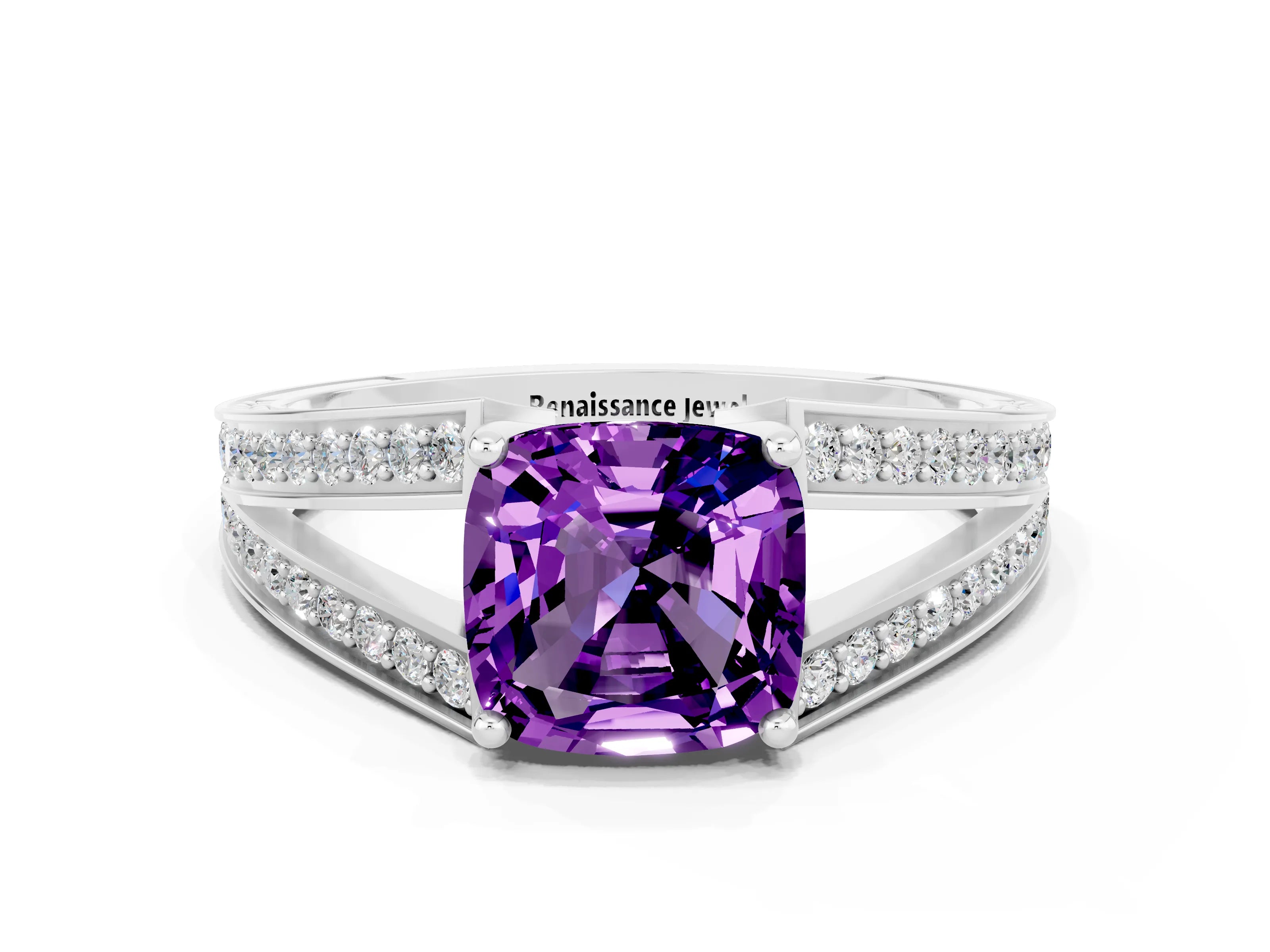 White gold Cushion Cut Amethyst Split Shank Ring with Pavé Band and Four-Prong Setting