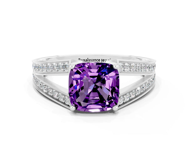 Silver Cushion Cut Amethyst Split Shank Ring with Pavé Band and Four-Prong Setting