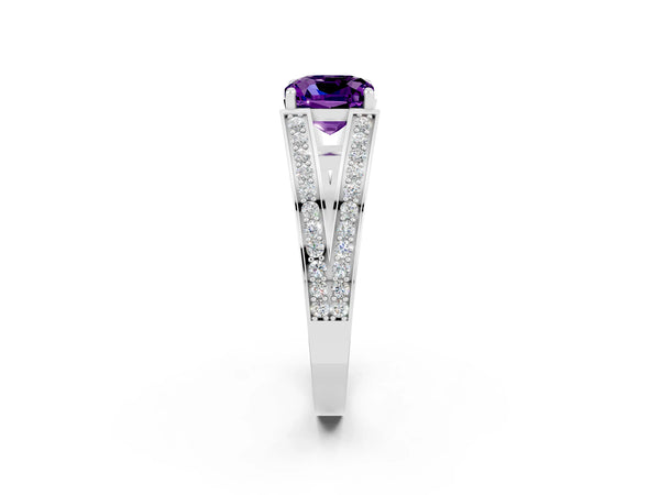 White gold Cushion Cut Amethyst Split Shank Ring with Pavé Band and Four-Prong Setting