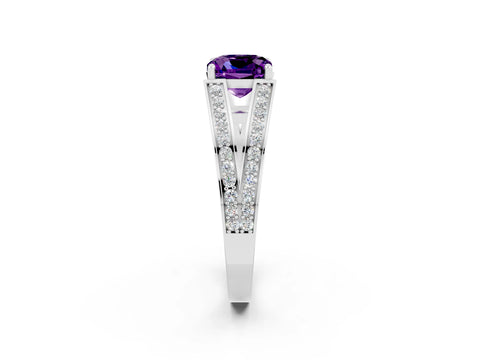 White gold Cushion Cut Amethyst Split Shank Ring with Pavé Band and Four-Prong Setting_2