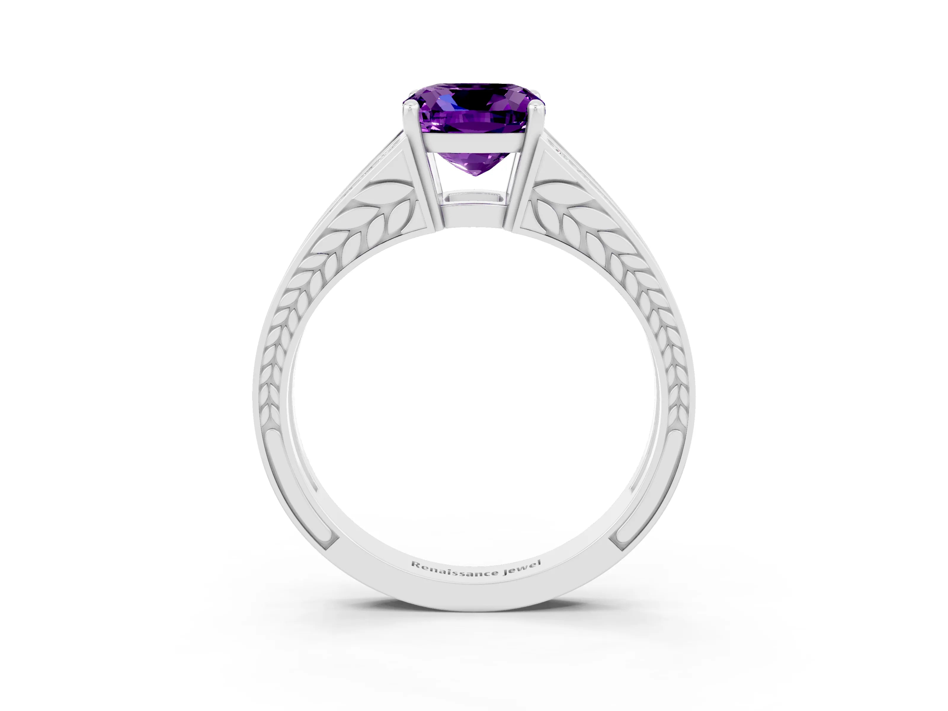 White gold Cushion Cut Amethyst Split Shank Ring with Pavé Band and Four-Prong Setting_3