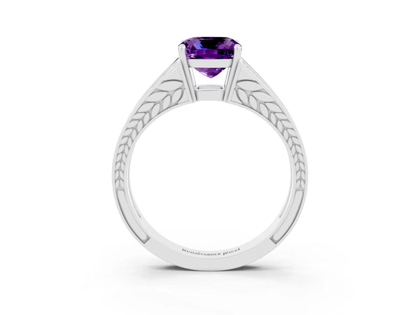 White gold Cushion Cut Amethyst Split Shank Ring with Pavé Band and Four-Prong Setting