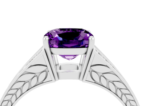 White gold Cushion Cut Amethyst Split Shank Ring with Pavé Band and Four-Prong Setting_4