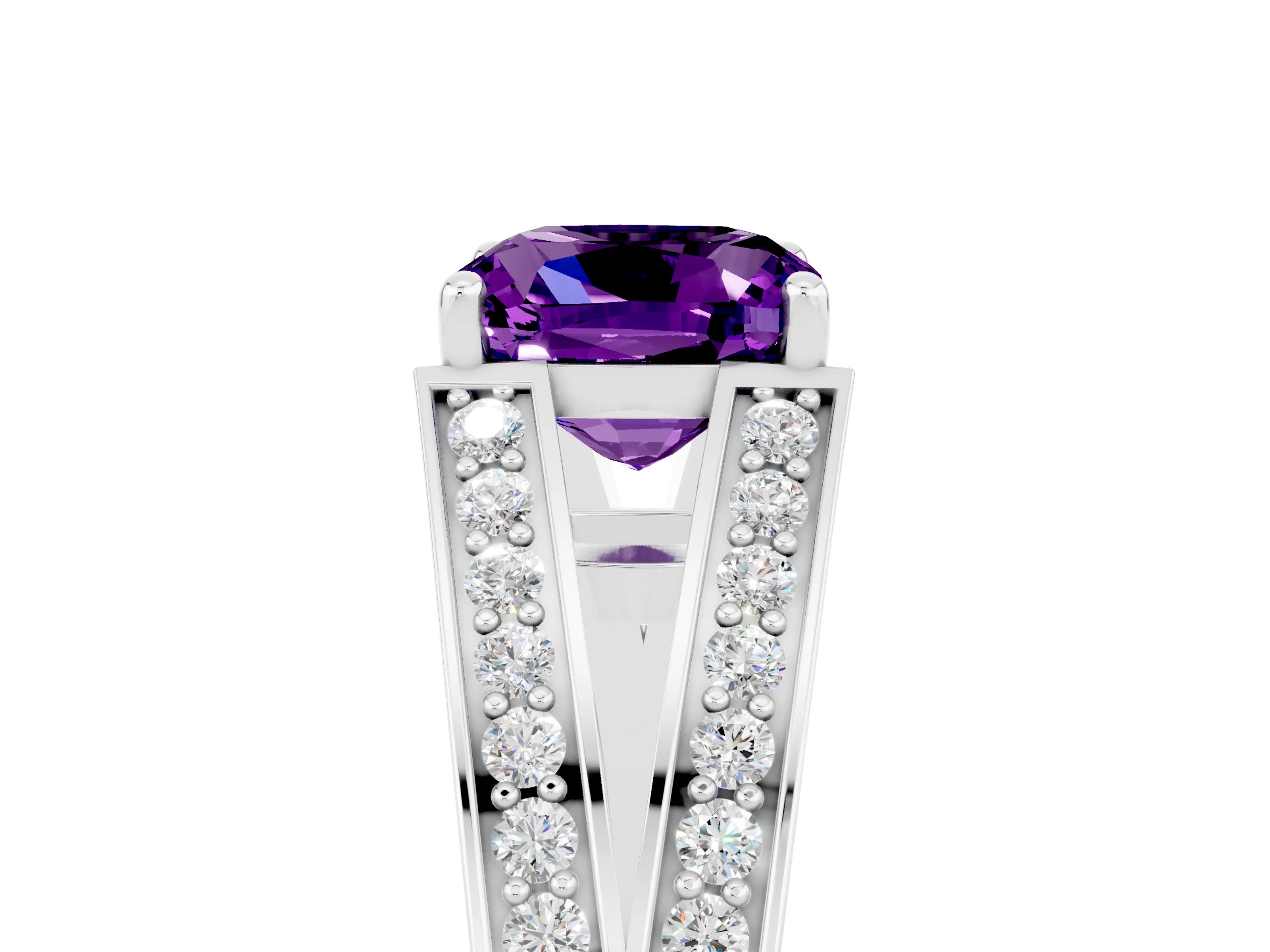 White gold Cushion Cut Amethyst Split Shank Ring with Pavé Band and Four-Prong Setting_5