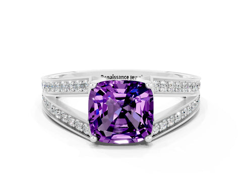 White gold Cushion Cut Amethyst Split Shank Ring with Pavé Band and Four-Prong Setting