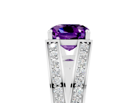 White gold Cushion Cut Amethyst Split Shank Ring with Pavé Band and Four-Prong Setting_5