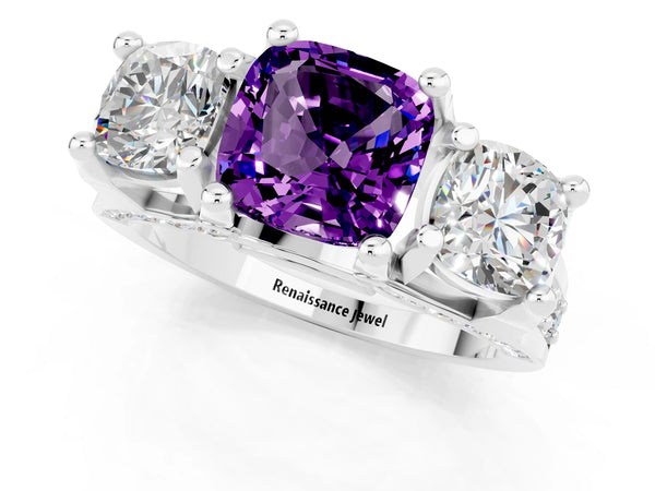 Platinum Cushion Cut Amethyst Three-Stone Ring with Channel Set Band and Four-Prong Setting