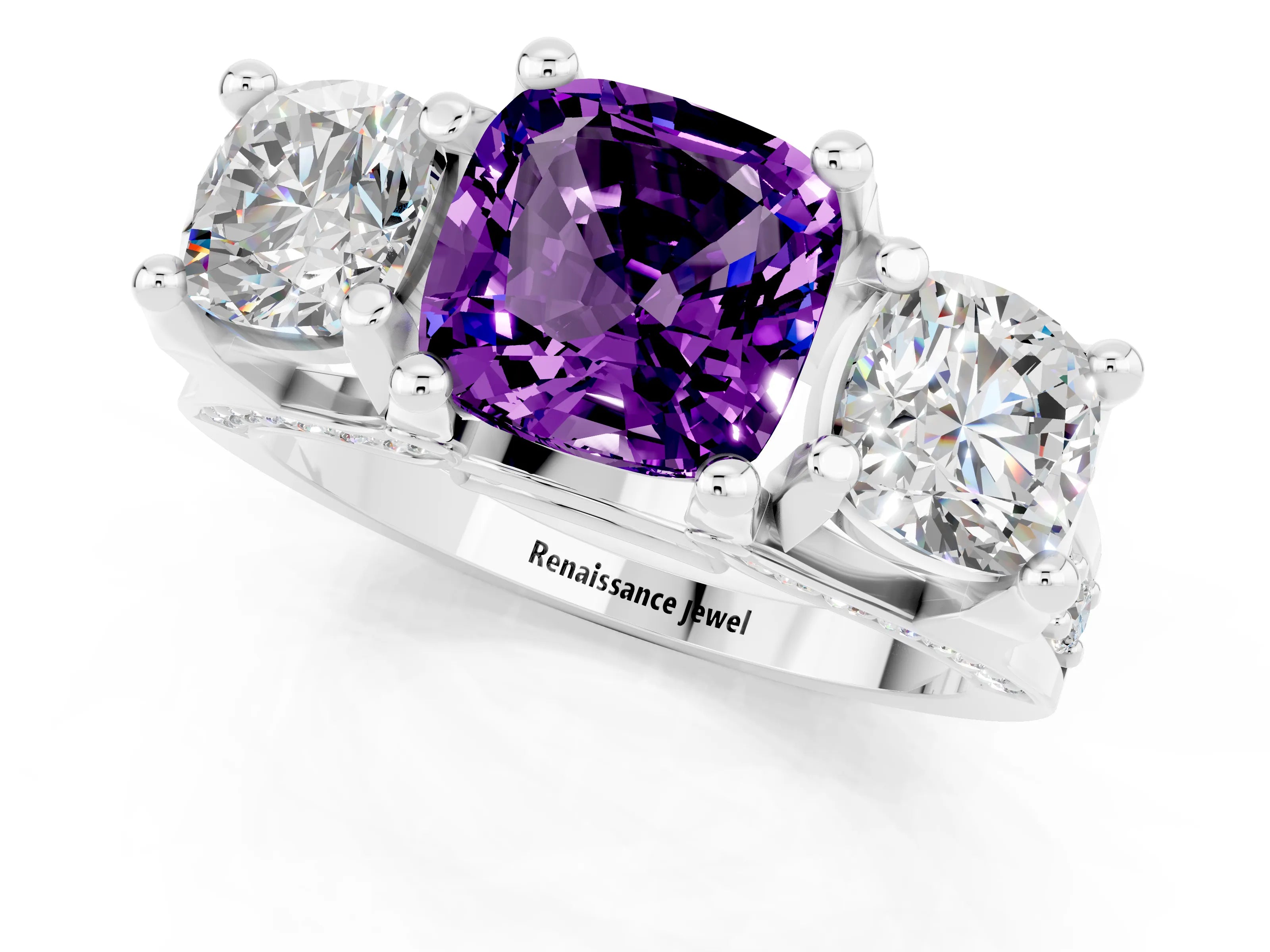 White gold Cushion Cut Amethyst Three-Stone Ring with Channel Set Band and Four-Prong Setting_1