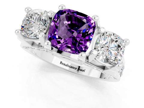 White gold Cushion Cut Amethyst Three-Stone Ring with Channel Set Band and Four-Prong Setting_1