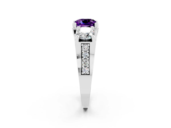 Silver Cushion Cut Amethyst Three-Stone Ring with Channel Set Band and Four-Prong Setting