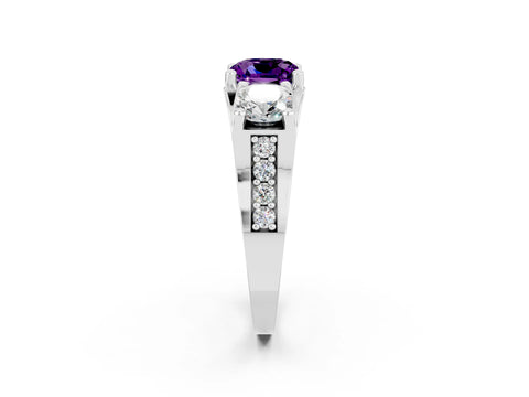 White gold Cushion Cut Amethyst Three-Stone Ring with Channel Set Band and Four-Prong Setting_2
