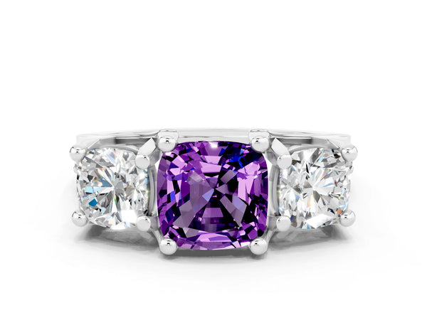Silver Cushion Cut Amethyst Three-Stone Ring with Channel Set Band and Four-Prong Setting
