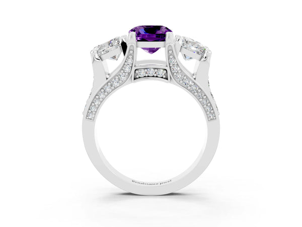 Silver Cushion Cut Amethyst Three-Stone Ring with Channel Set Band and Four-Prong Setting