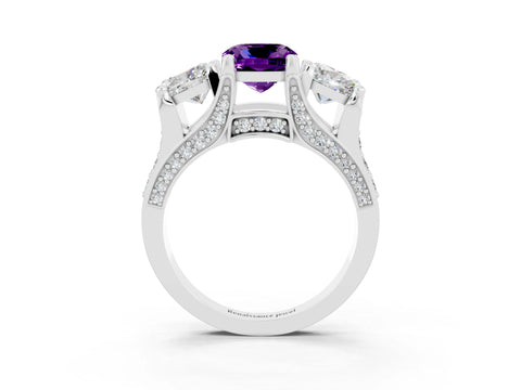 White gold Cushion Cut Amethyst Three-Stone Ring with Channel Set Band and Four-Prong Setting_3