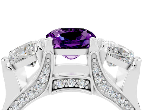 White gold Cushion Cut Amethyst Three-Stone Ring with Channel Set Band and Four-Prong Setting_4