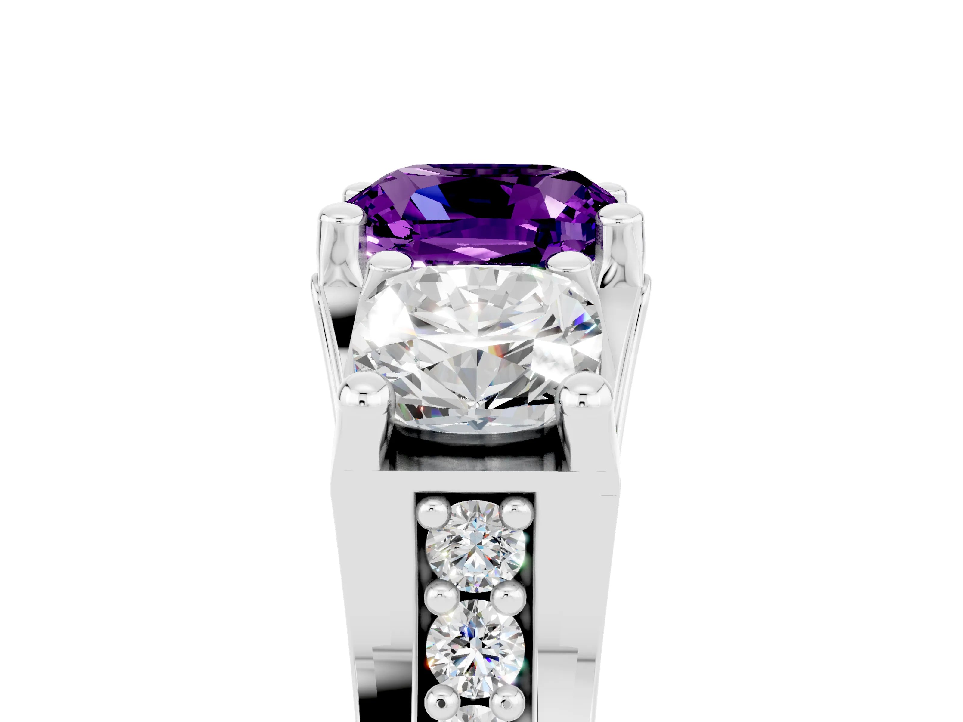 White gold Cushion Cut Amethyst Three-Stone Ring with Channel Set Band and Four-Prong Setting_5