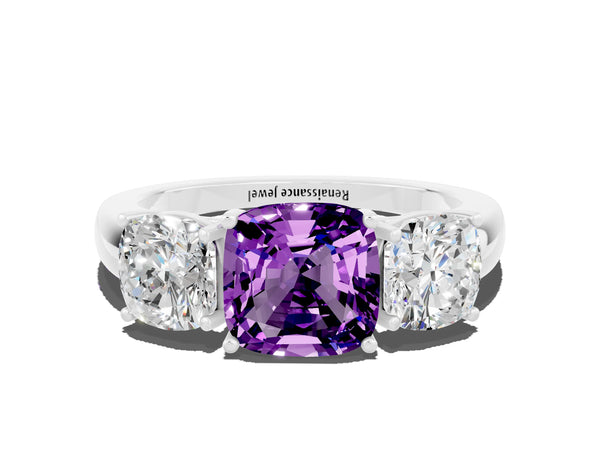 Platinum Cushion Cut Amethyst Three-Stone Ring with Four-Prong Setting and Classic Band
