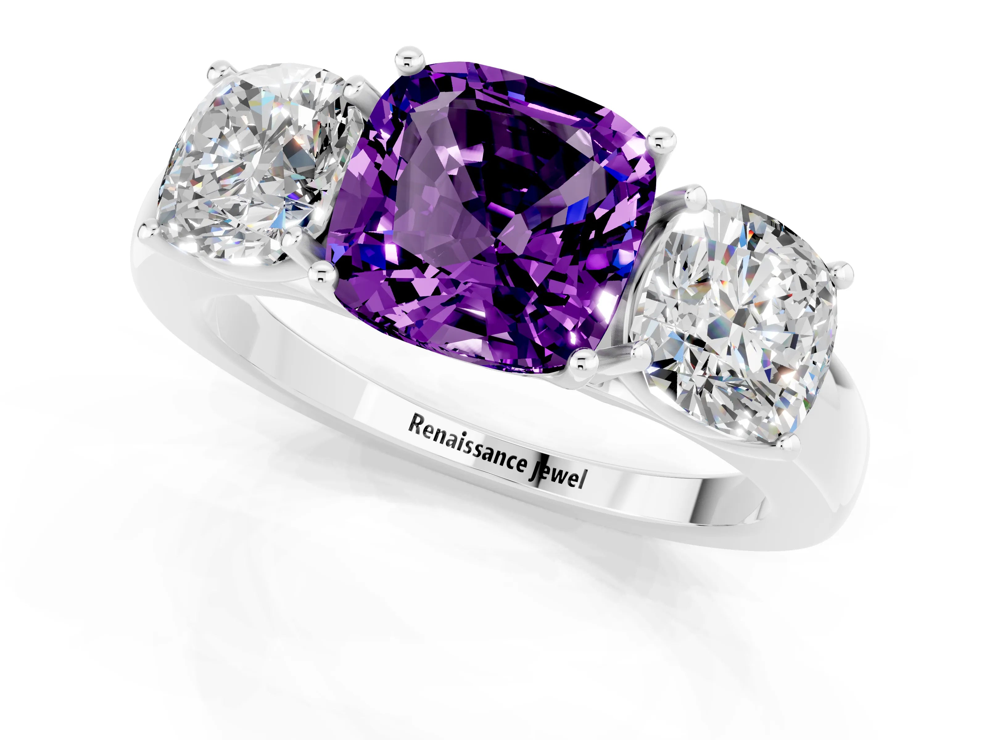White gold Cushion Cut Amethyst Three-Stone Ring with Four-Prong Setting and Classic Band_1