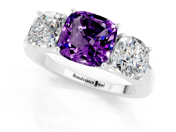Platinum Cushion Cut Amethyst Three-Stone Ring with Four-Prong Setting and Classic Band