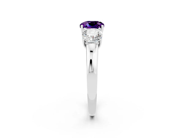 Silver Cushion Cut Amethyst Three-Stone Ring with Four-Prong Setting and Classic Band
