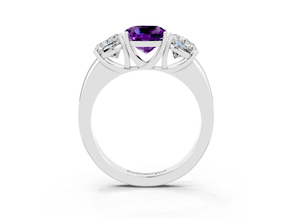 Platinum Cushion Cut Amethyst Three-Stone Ring with Four-Prong Setting and Classic Band