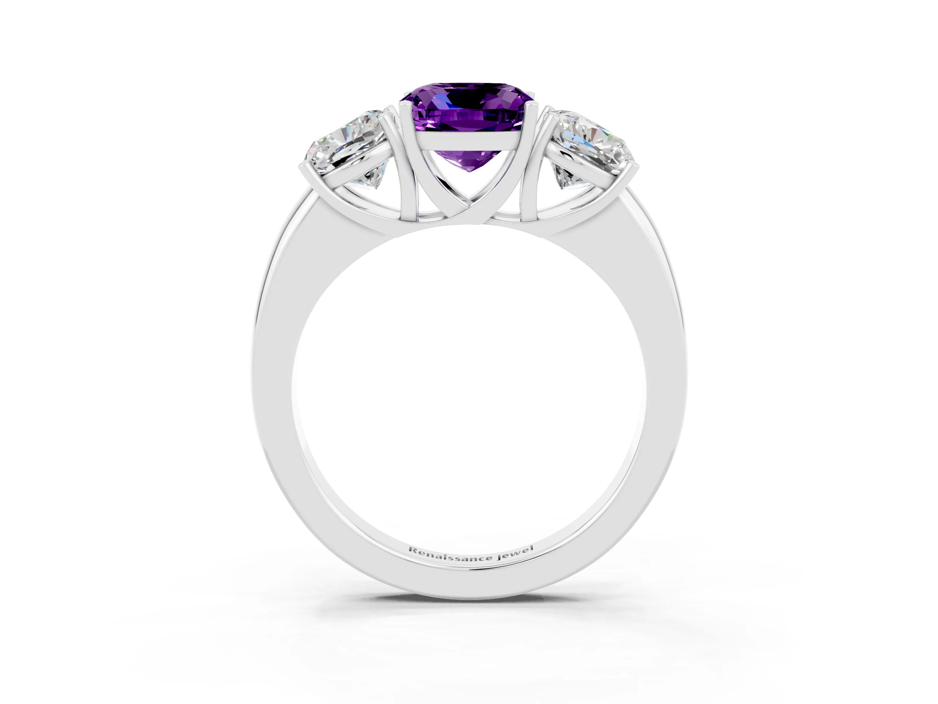 White gold Cushion Cut Amethyst Three-Stone Ring with Four-Prong Setting and Classic Band_3