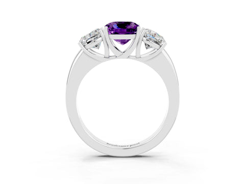 White gold Cushion Cut Amethyst Three-Stone Ring with Four-Prong Setting and Classic Band_3