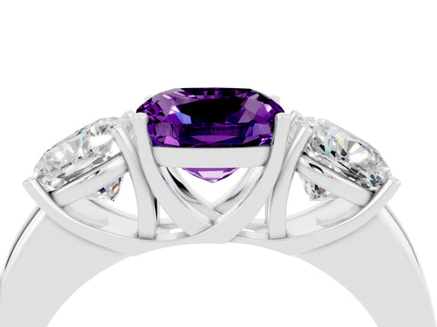 White gold Cushion Cut Amethyst Three-Stone Ring with Four-Prong Setting and Classic Band_4