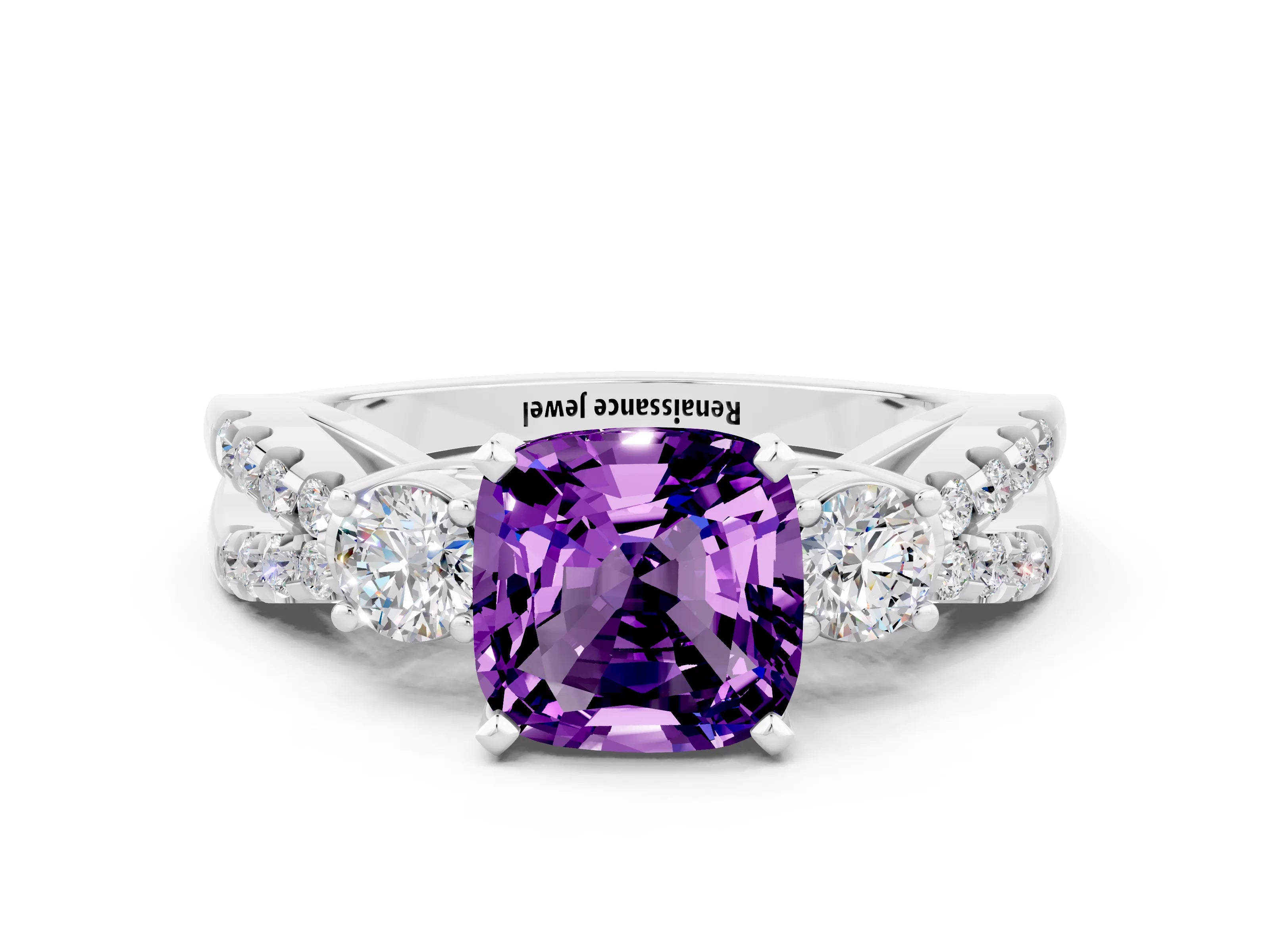 White gold Cushion Cut Amethyst Three-Stone Ring with Pavé Split Shank and Four-Prong Setting_12