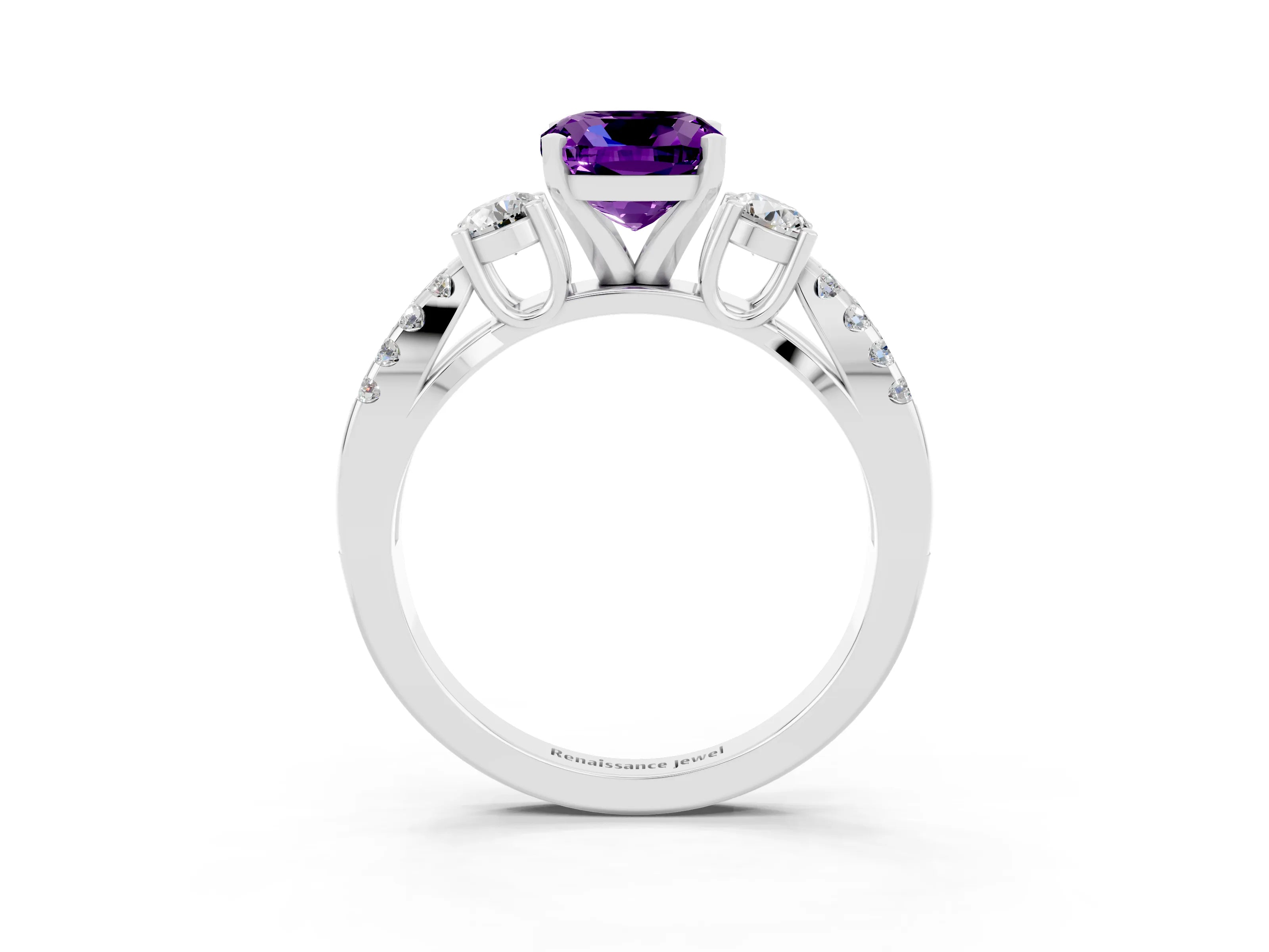 White gold Cushion Cut Amethyst Three-Stone Ring with Pavé Split Shank and Four-Prong Setting_15