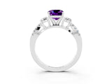 White gold Cushion Cut Amethyst Three-Stone Ring with Pavé Split Shank and Four-Prong Setting_15