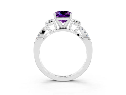 White gold Cushion Cut Amethyst Three-Stone Ring with Pavé Split Shank and Four-Prong Setting_15