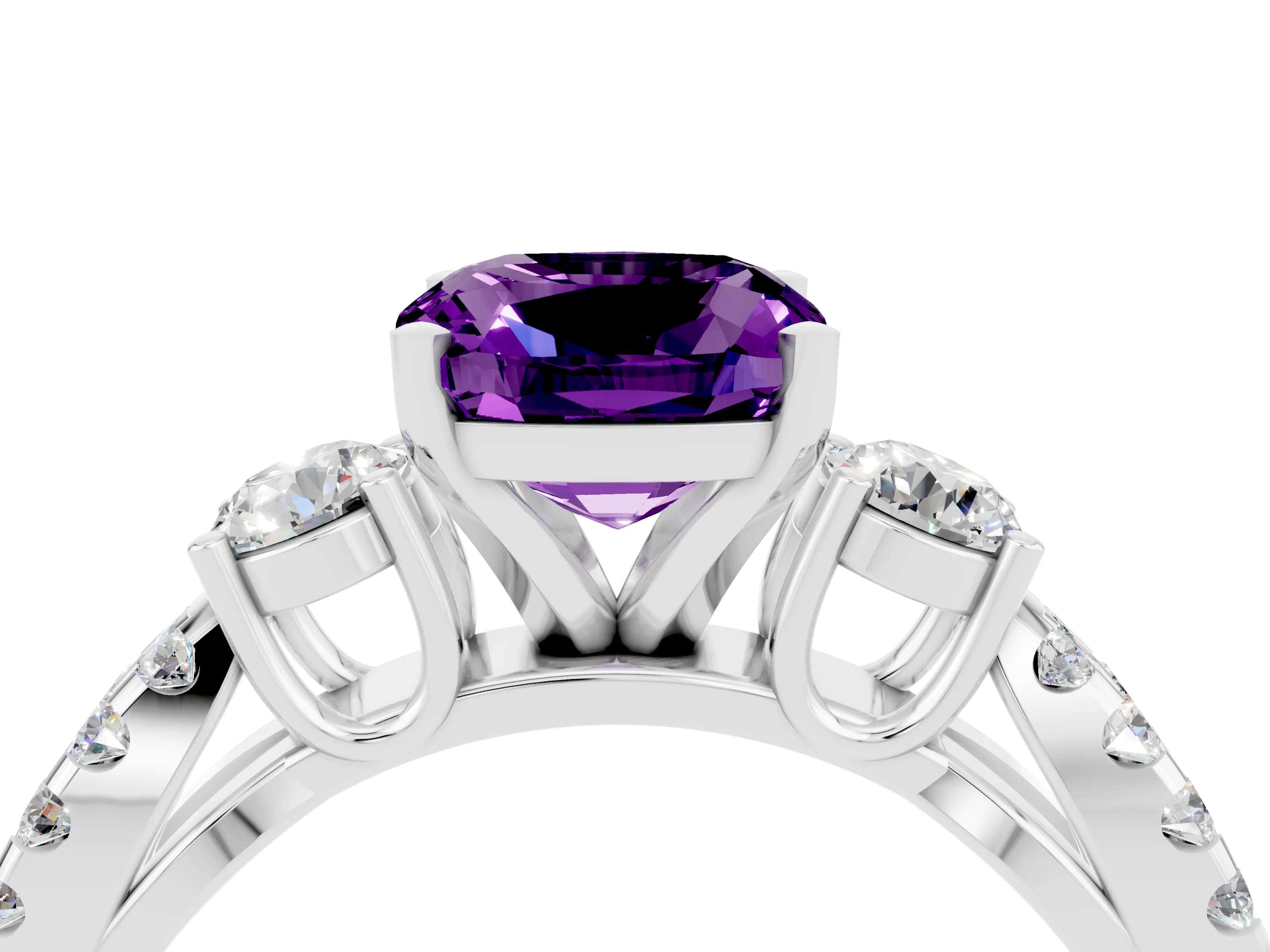 White gold Cushion Cut Amethyst Three-Stone Ring with Pavé Split Shank and Four-Prong Setting_16