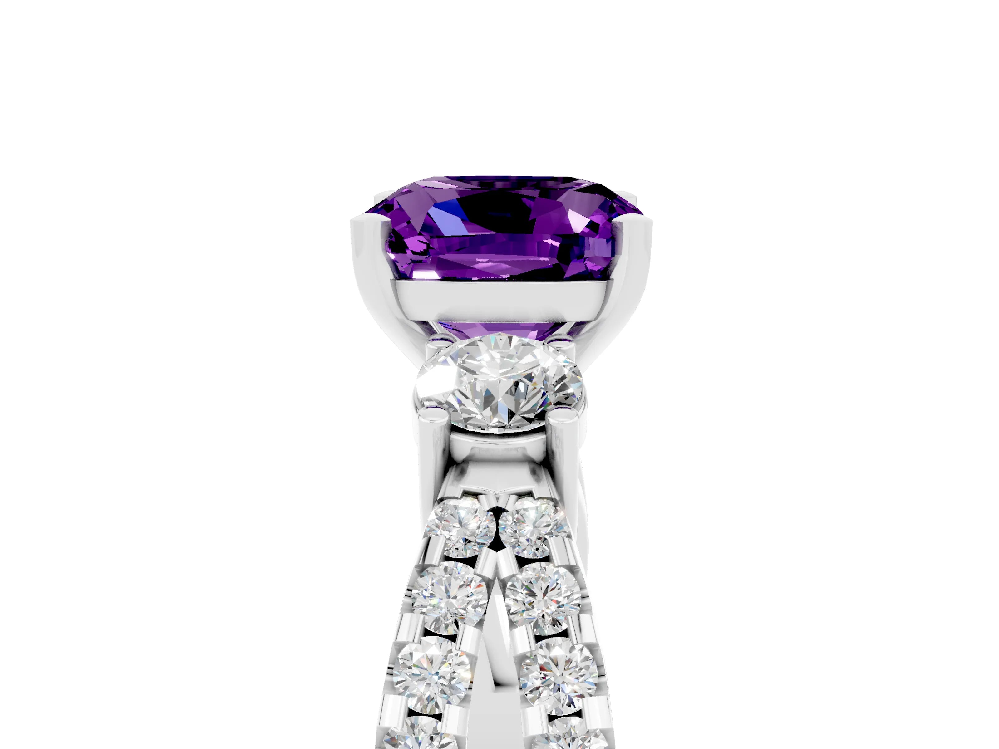 White gold Cushion Cut Amethyst Three-Stone Ring with Pavé Split Shank and Four-Prong Setting_17