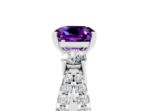 White gold Cushion Cut Amethyst Three-Stone Ring with Pavé Split Shank and Four-Prong Setting_17