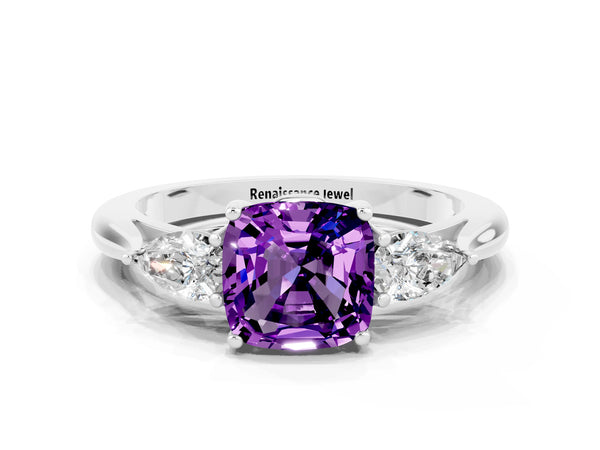 Platinum Cushion Cut Amethyst Three-Stone Ring with Pear Side Stones and Prong Setting
