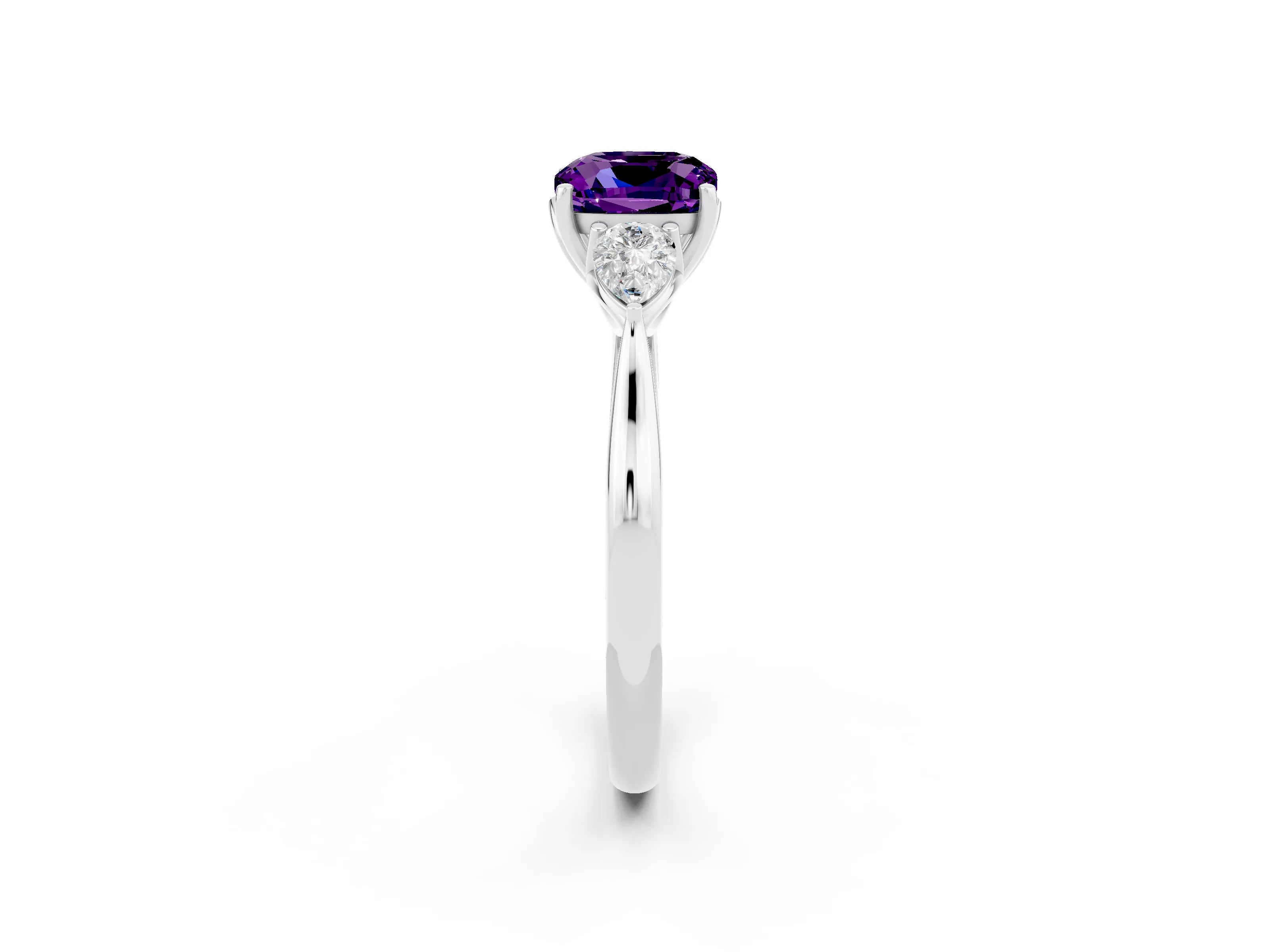 White gold Cushion Cut Amethyst Three-Stone Ring with Pear Side Stones and Four-Prong Setting_14