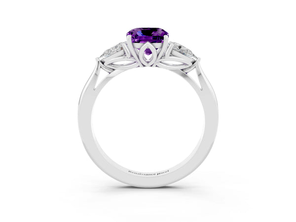 Silver Cushion Cut Amethyst Three-Stone Ring with Pear Side Stones and Prong Setting