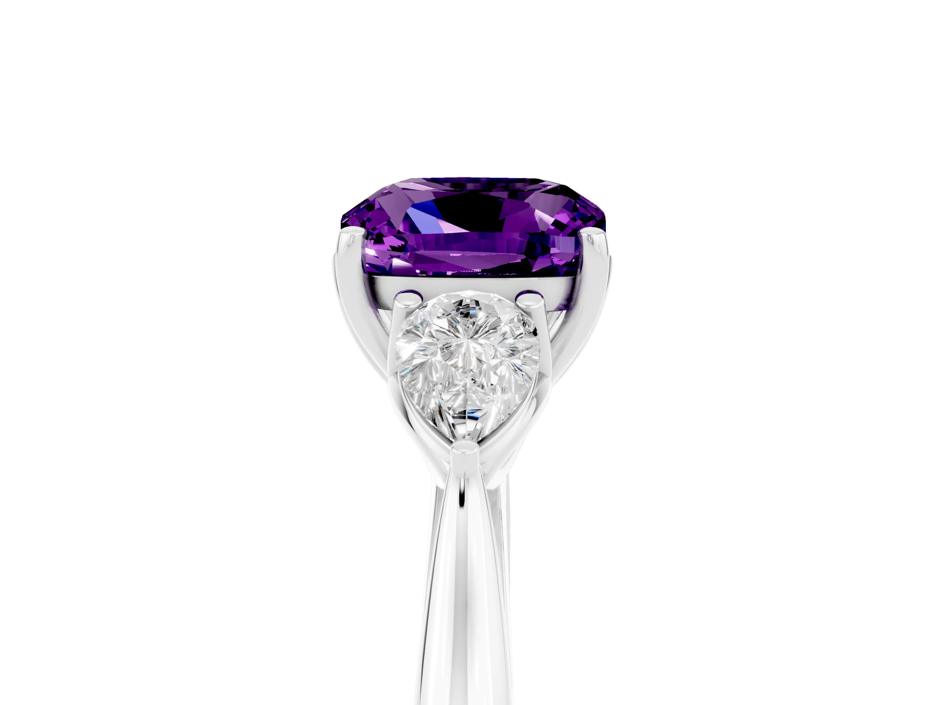 White gold Cushion Cut Amethyst Three-Stone Ring with Pear Side Stones and Four-Prong Setting_17