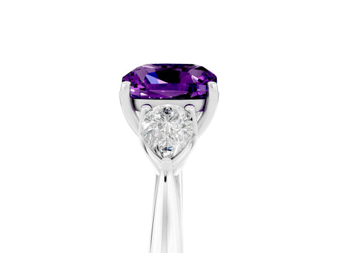 White gold Cushion Cut Amethyst Three-Stone Ring with Pear Side Stones and Four-Prong Setting_17