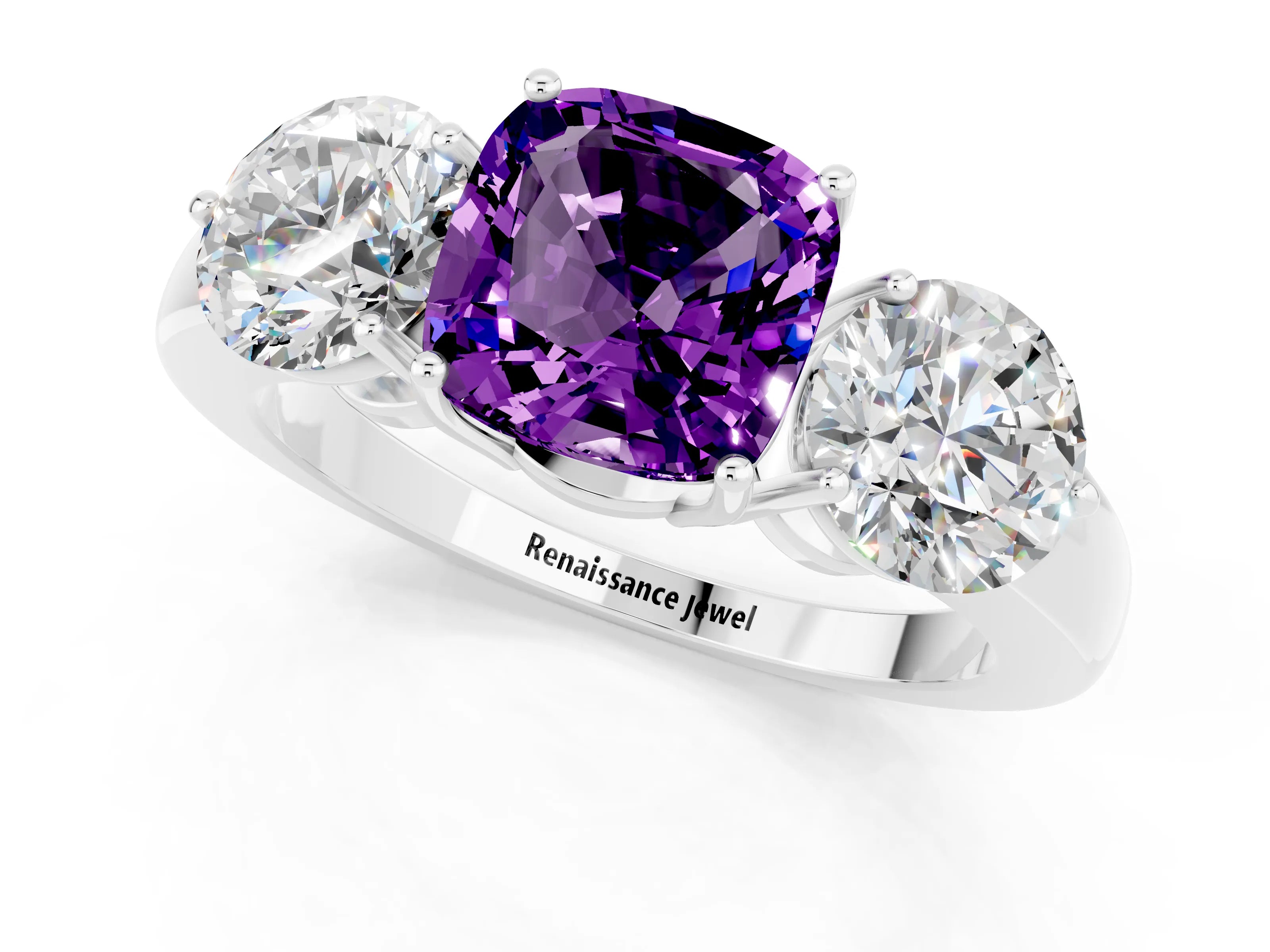 White gold Cushion Cut Amethyst Three-Stone Ring with Prong Setting and Classic Band_1