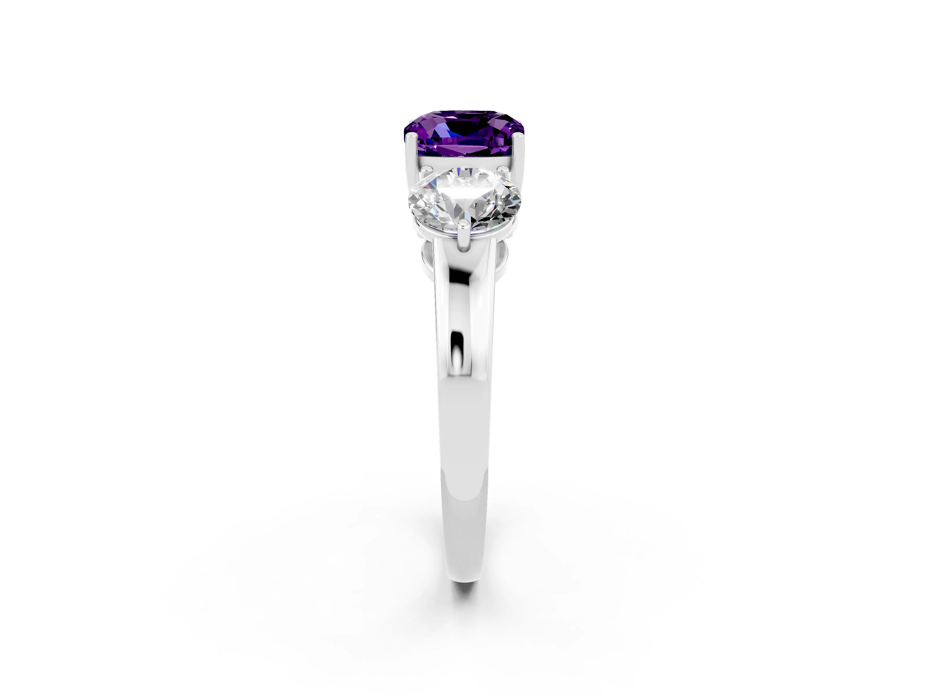 White gold Cushion Cut Amethyst Three-Stone Ring with Prong Setting and Classic Band_2