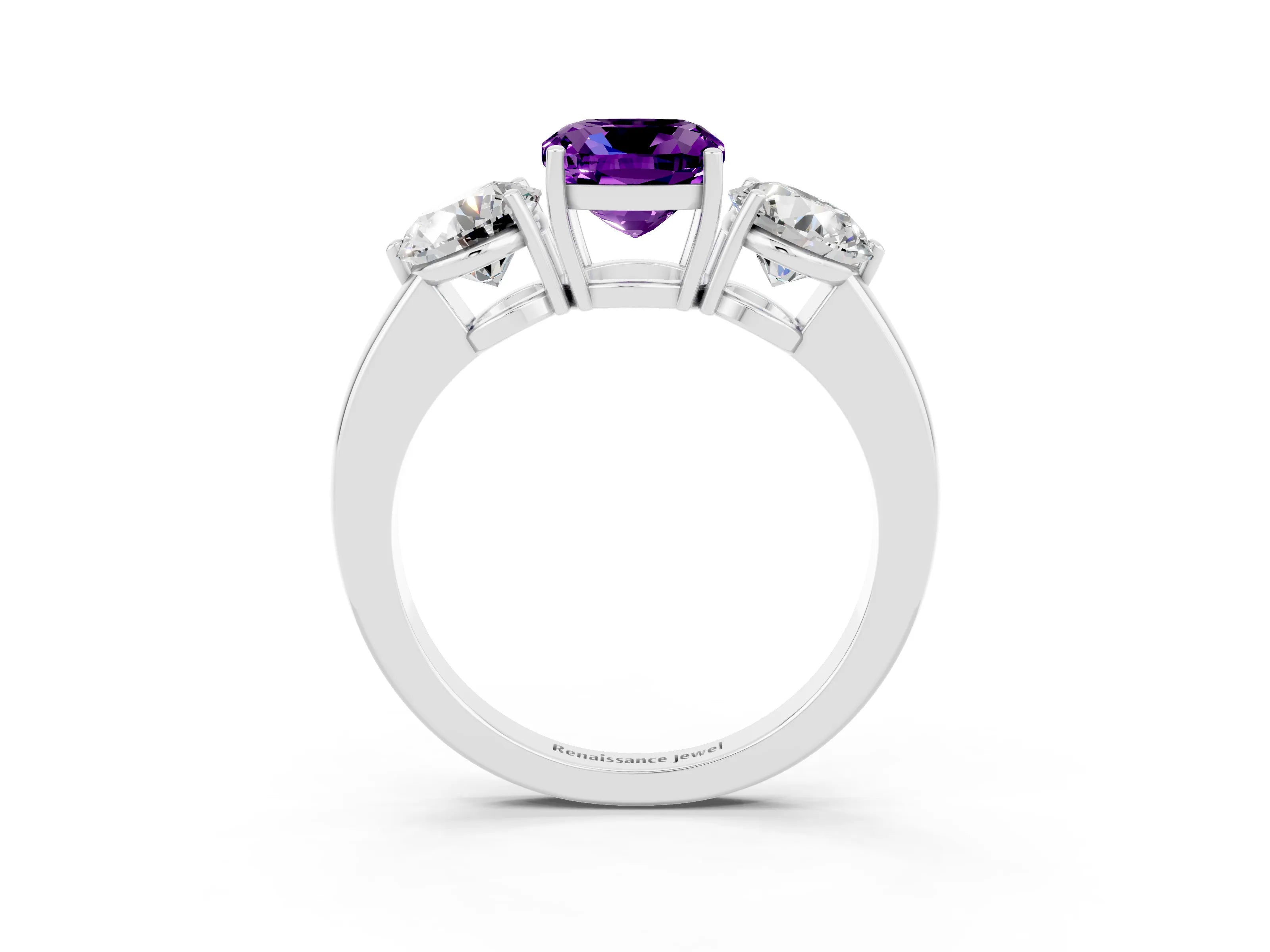 White gold Cushion Cut Amethyst Three-Stone Ring with Prong Setting and Classic Band_3